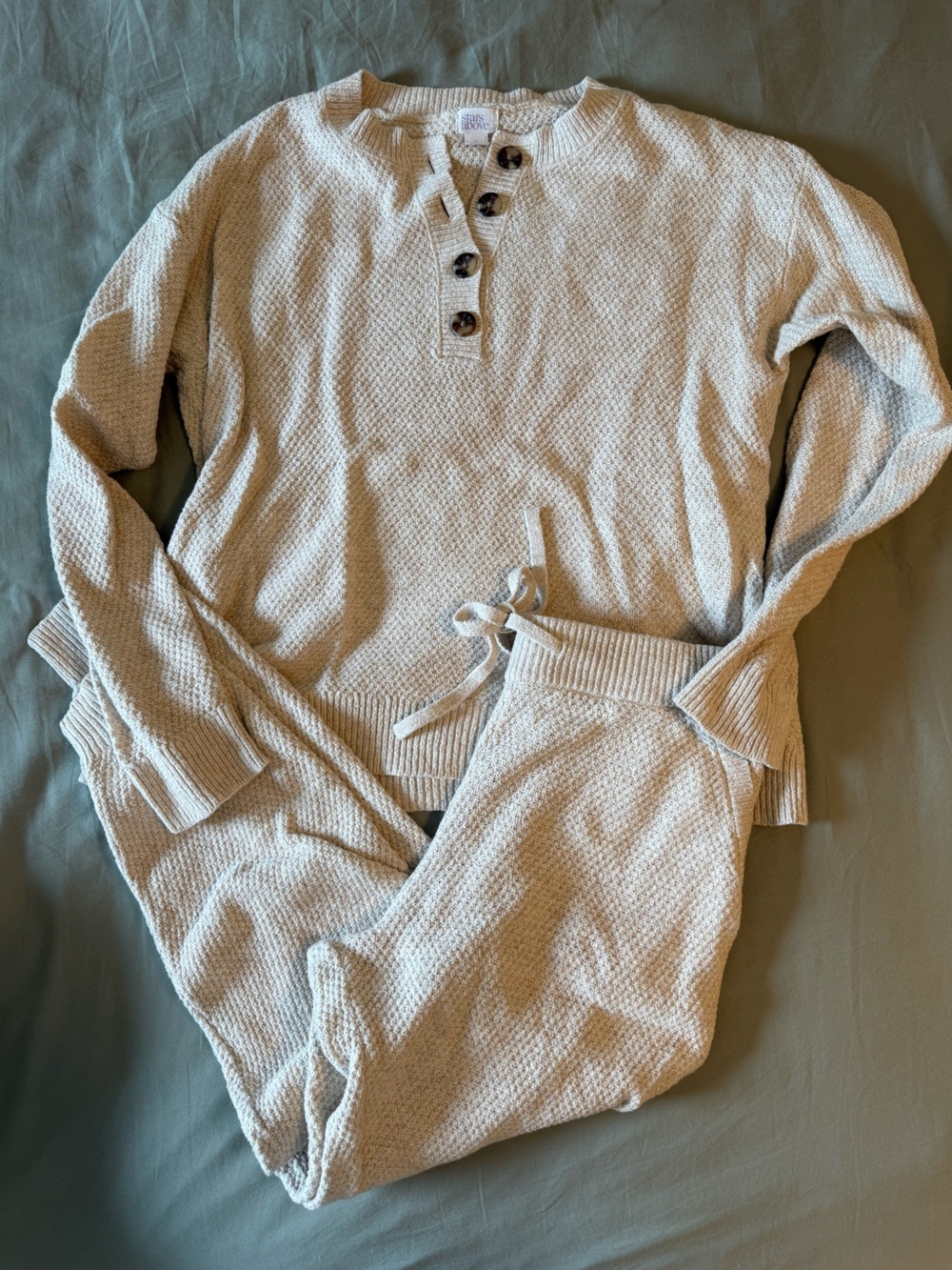Stars Above cozy Waffle Knit Loungewear Set in Light Beige